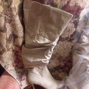 Cream faux suede over knee boots with heel